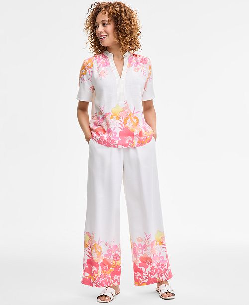 JM Collection Women's Floral Linen Short-Sleeve Top & Floral Linen Wide-Leg Pants Exclusively At Macy's Women's Fashion Shoes & Accessories