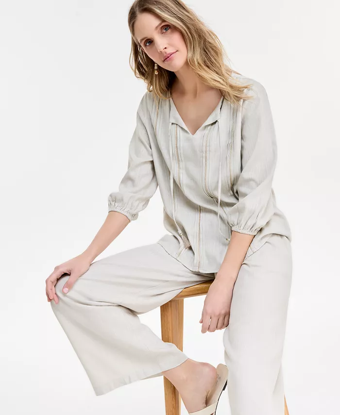 JM Collection Women's Linen Pintuck Embroidered Top & Pants Exclusively At Macy's Women's Fashion Shoes & Accessories