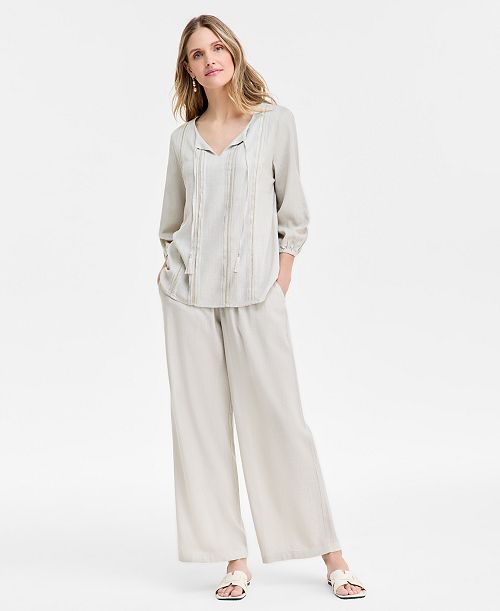JM Collection Women's Linen Pintuck Embroidered Top & Pants Exclusively at Macy's Women's Fashion Shoes & Accessories