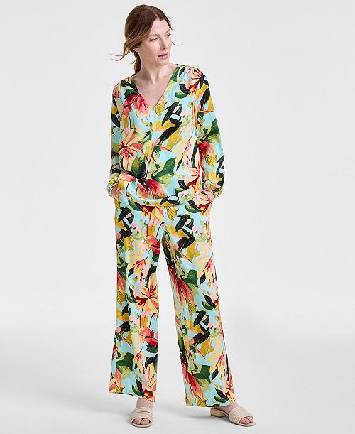 JM Collection Women's Long-Sleeve Satin Blouse & Satin Wide-Leg Pants Exclusively at Macy's Women's Fashion Shoes & Accessories