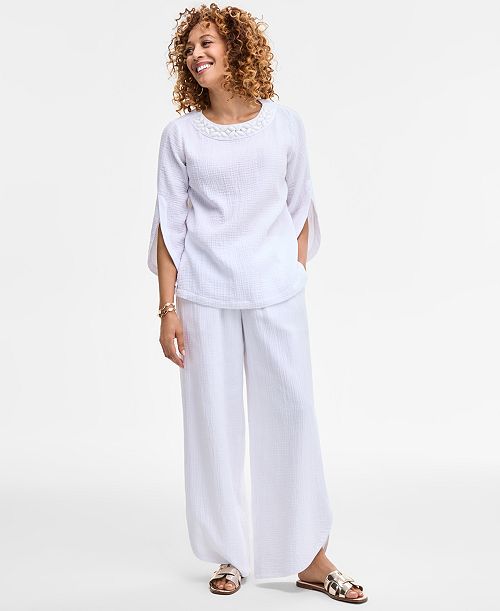 JM Collection Women's Split-Sleeve Gauze Top & Tulip-Hem Gauze Pants Exclusively at Macy's Women's Fashion Shoes & Accessories