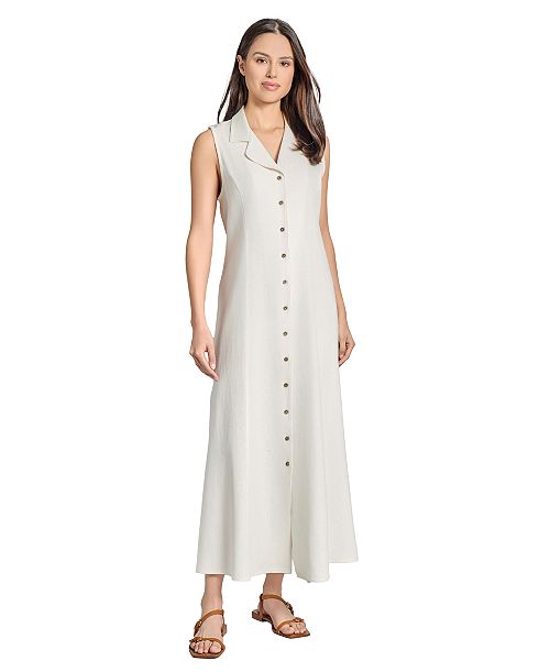 Jones New York Women's Linen-Blend Drawstring-Back Maxi Shirtdress Women's Fashion Shoes & Accessories