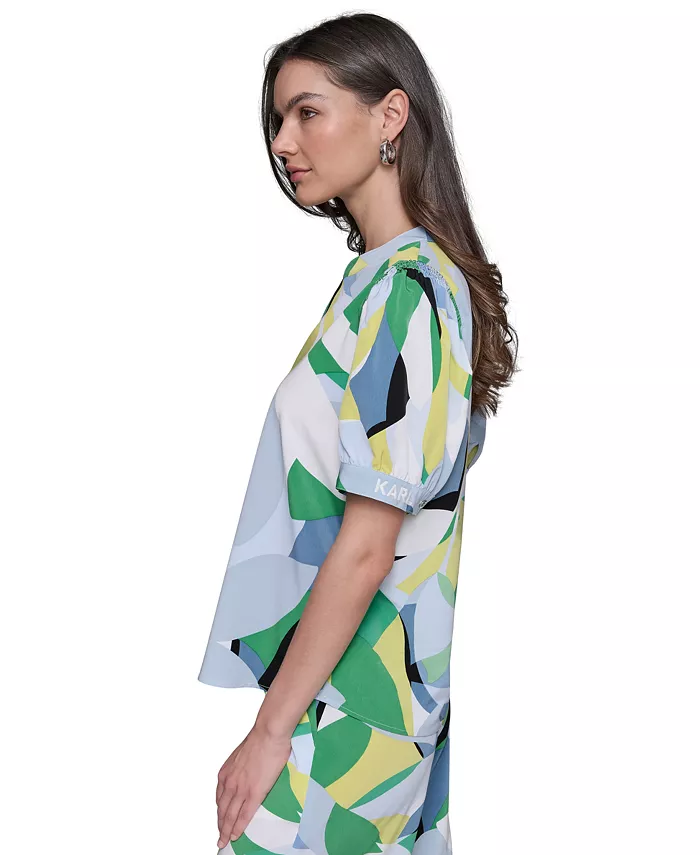 KARL LAGERFELD PARIS KARL LAGERFELD Women's Printed Puff-Sleeve Button-Front Top Women's Fashion Shoes & Accessories