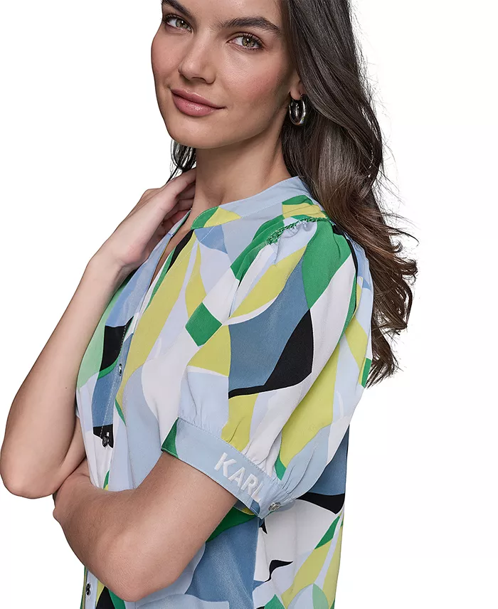 KARL LAGERFELD PARIS KARL LAGERFELD Women's Printed Puff-Sleeve Button-Front Top Women's Fashion Shoes & Accessories