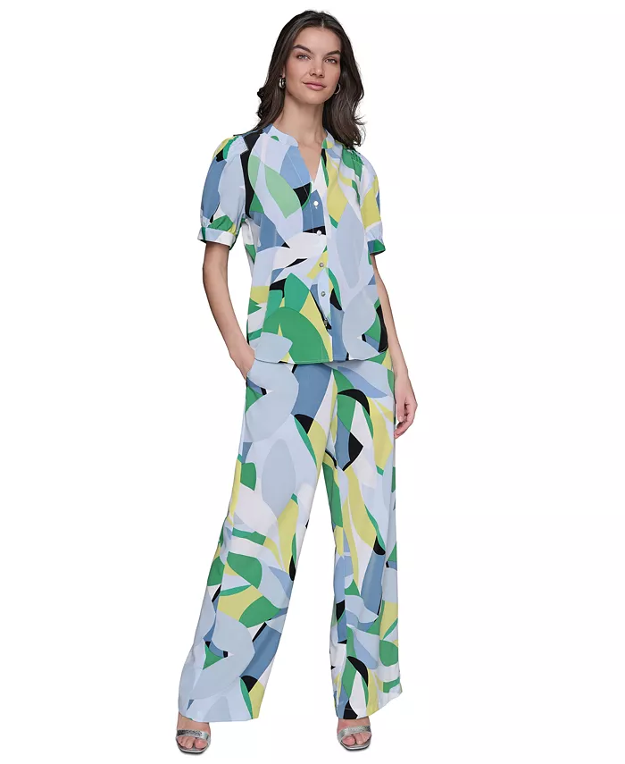 KARL LAGERFELD PARIS KARL LAGERFELD Women's Printed Puff-Sleeve Button-Front Top Women's Fashion Shoes & Accessories