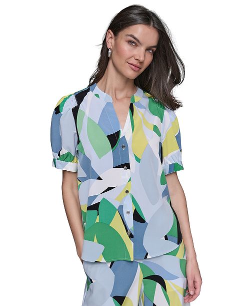 KARL LAGERFELD PARIS KARL LAGERFELD Women's Printed Puff-Sleeve Button-Front Top Women's Fashion Shoes & Accessories