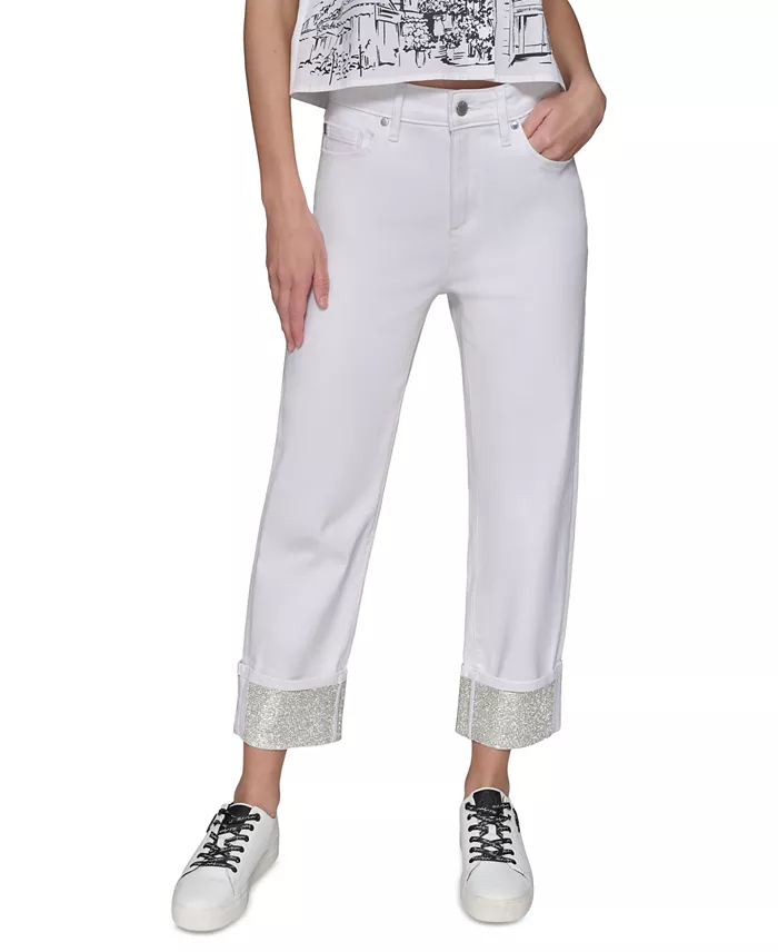 KARL LAGERFELD PARIS Petite Crystal-Cuff Cropped Jeans Women's Fashion Shoes & Accessories
