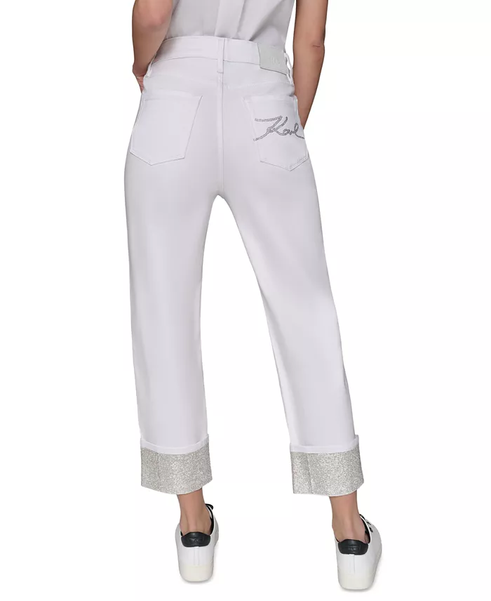 KARL LAGERFELD PARIS Petite Crystal-Cuff Cropped Jeans Women's Fashion Shoes & Accessories