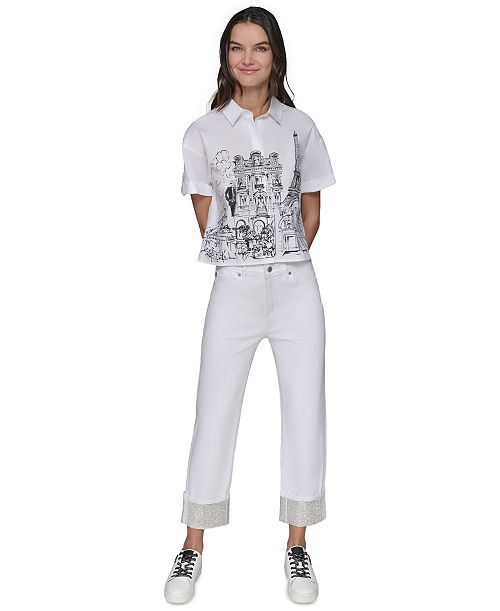 KARL LAGERFELD PARIS Petite Crystal-Cuff Cropped Jeans Women's Fashion Shoes & Accessories