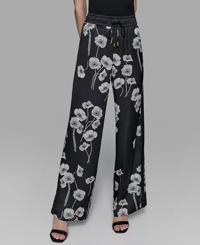KARL LAGERFELD PARIS Petite Floral Print Wide-Leg Pants Women's Fashion Shoes & Accessories