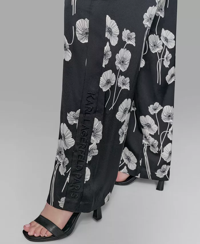 KARL LAGERFELD PARIS Petite Floral Print Wide-Leg Pants Women's Fashion Shoes & Accessories