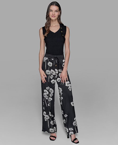 KARL LAGERFELD PARIS Petite Floral Print Wide-Leg Pants Women's Fashion Shoes & Accessories
