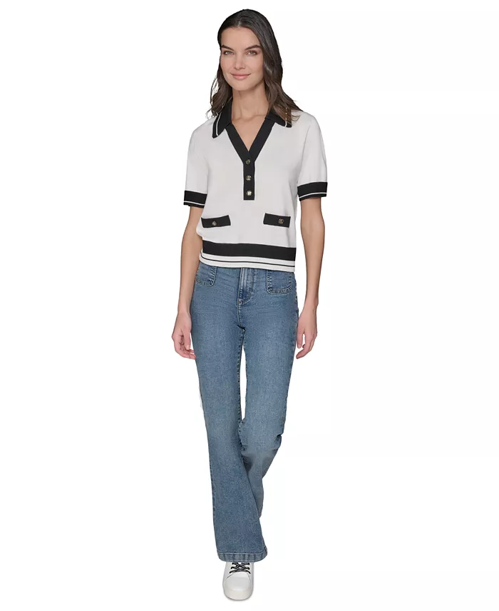 KARL LAGERFELD PARIS Petite Short-Sleeve Tipped Polo Sweater Women's Fashion Shoes & Accessories