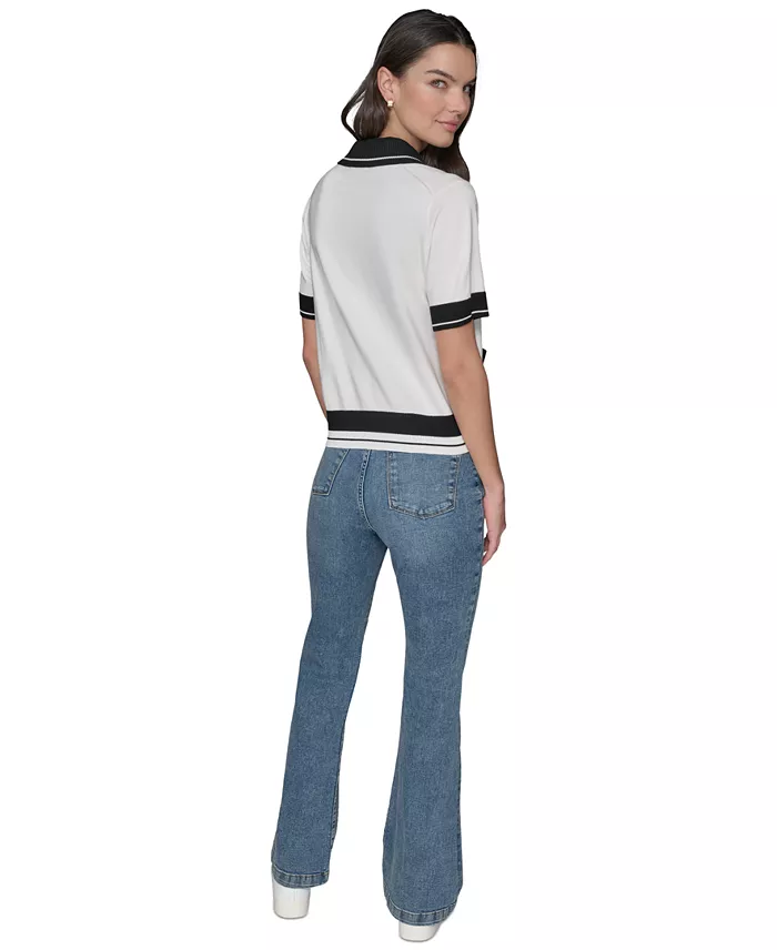 KARL LAGERFELD PARIS Petite Short-Sleeve Tipped Polo Sweater Women's Fashion Shoes & Accessories