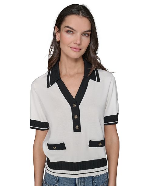 KARL LAGERFELD PARIS Petite Short-Sleeve Tipped Polo Sweater Women's Fashion Shoes & Accessories