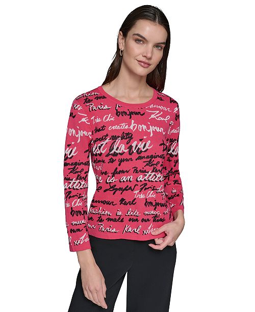 KARL LAGERFELD PARIS Women's Allover Script Sweater Women's Fashion Shoes & Accessories