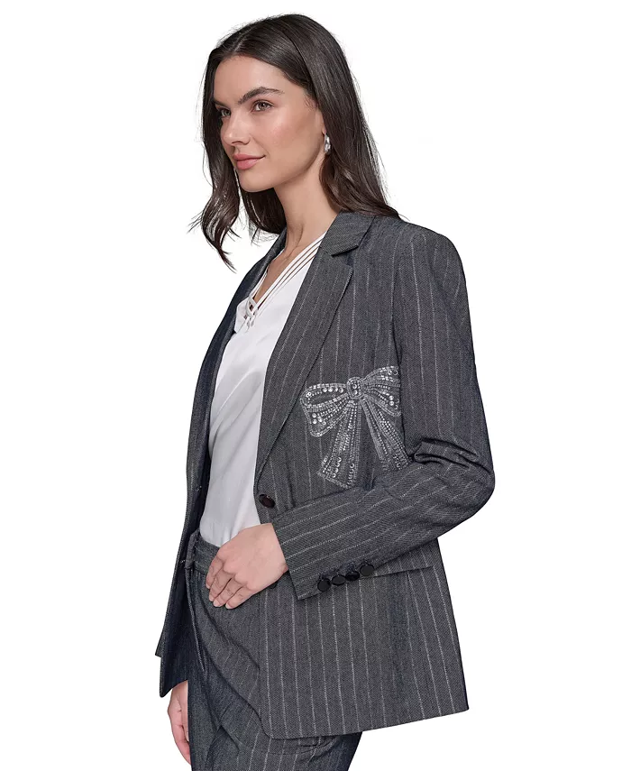 KARL LAGERFELD PARIS Women's Beaded-Bow Pinstriped Blazer Women's Fashion Shoes & Accessories