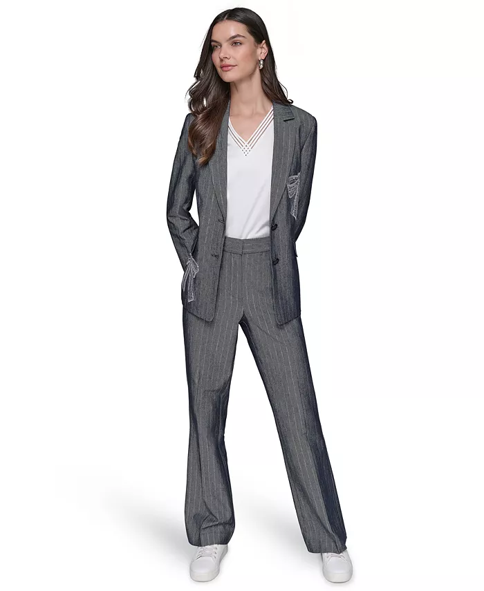 KARL LAGERFELD PARIS Women's Beaded-Bow Pinstriped Blazer Women's Fashion Shoes & Accessories