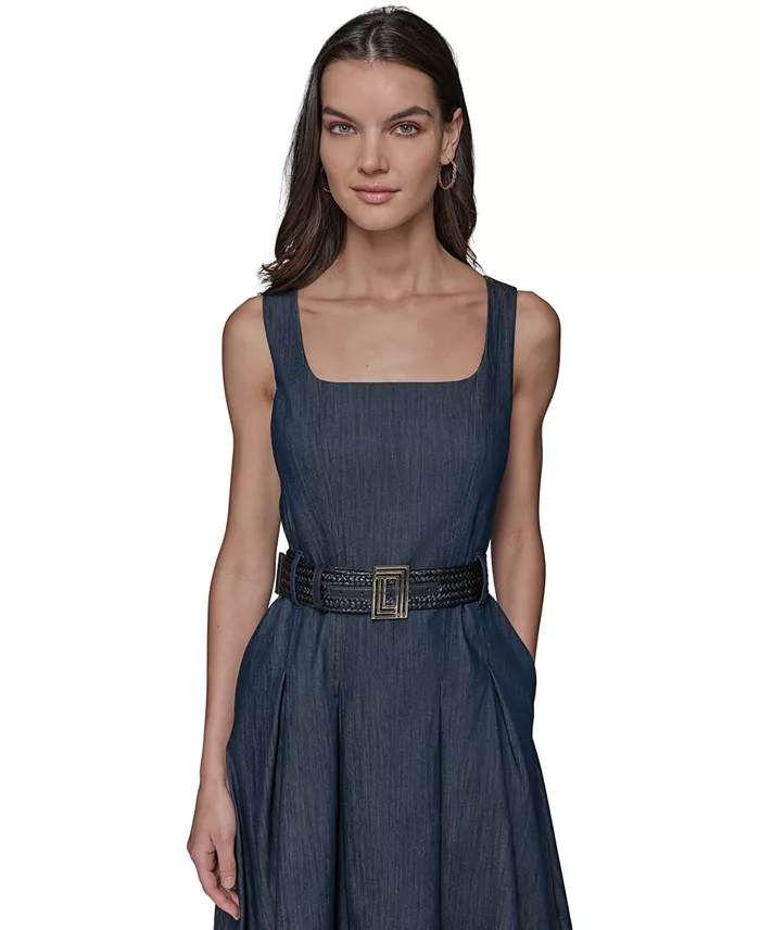 KARL LAGERFELD PARIS Women's Belted Stretch Denim Midi Dress Women's Fashion Shoes & Accessories