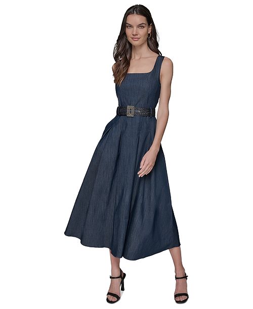 KARL LAGERFELD PARIS Women's Belted Stretch Denim Midi Dress Women's Fashion Shoes & Accessories