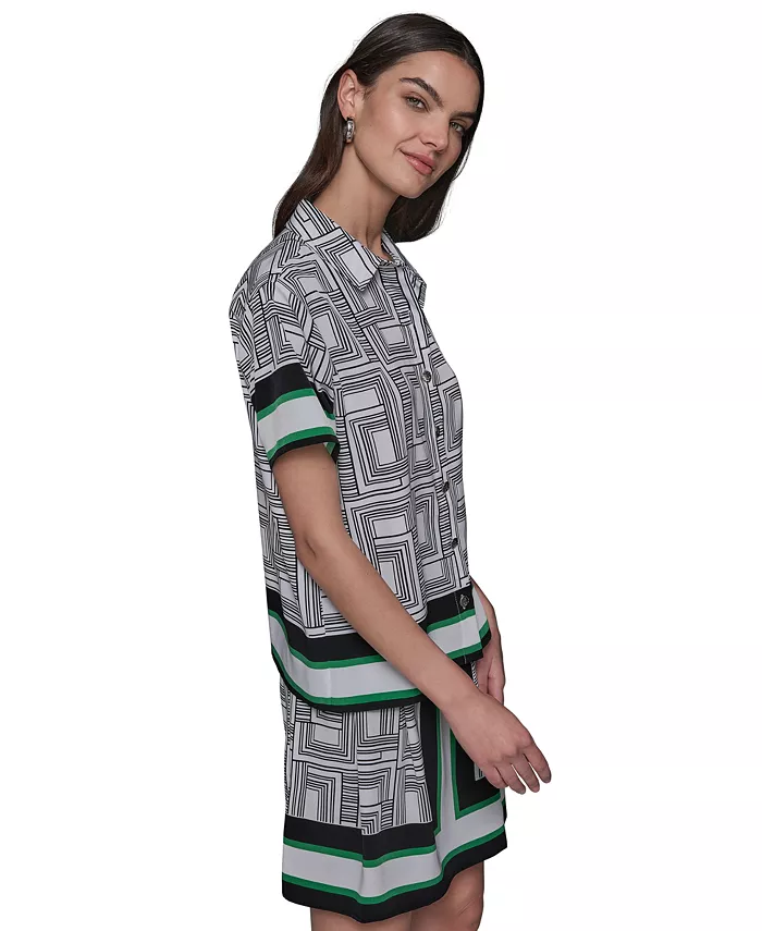 KARL LAGERFELD PARIS Women's Border Printed Short Sleeve Button-Front Top Women's Fashion Shoes & Accessories