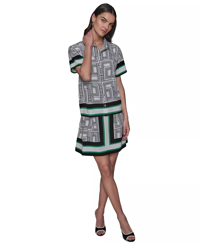 KARL LAGERFELD PARIS Women's Border Printed Short Sleeve Button-Front Top Women's Fashion Shoes & Accessories