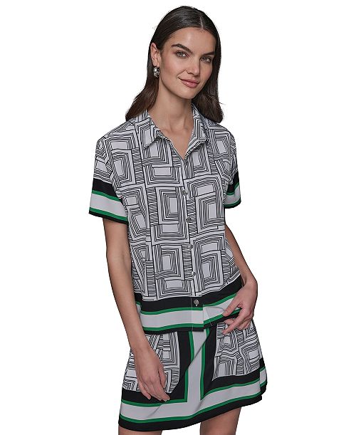 KARL LAGERFELD PARIS Women's Border Printed Short Sleeve Button-Front Top Women's Fashion Shoes & Accessories