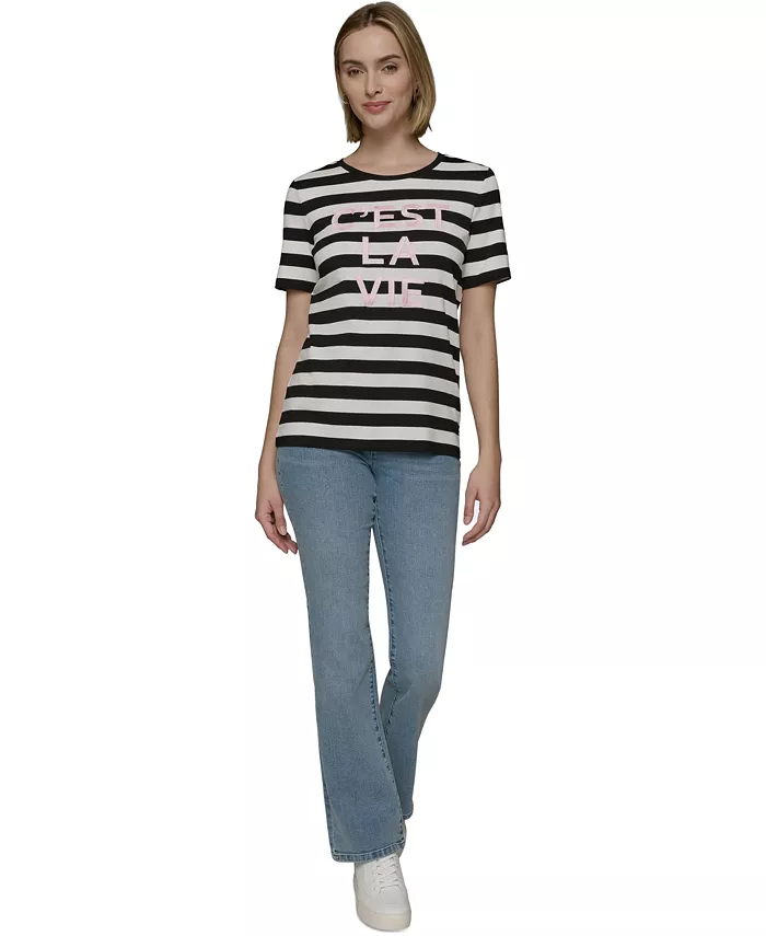 KARL LAGERFELD PARIS Women's C'est La Vie Striped Tee Women's Fashion Shoes & Accessories