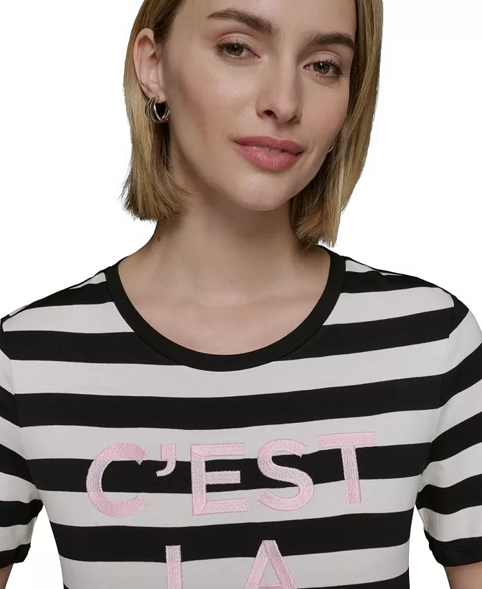 KARL LAGERFELD PARIS Women's C'est La Vie Striped Tee Women's Fashion Shoes & Accessories