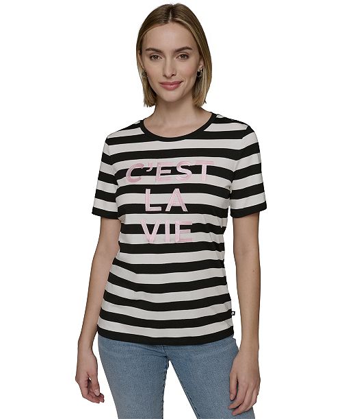 KARL LAGERFELD PARIS Women's C'est La Vie Striped Tee Women's Fashion Shoes & Accessories