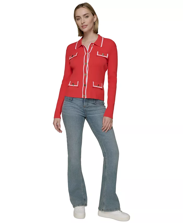 KARL LAGERFELD PARIS Women's Contrast-Trim Four-Pocket Cardigan Women's Fashion Shoes & Accessories