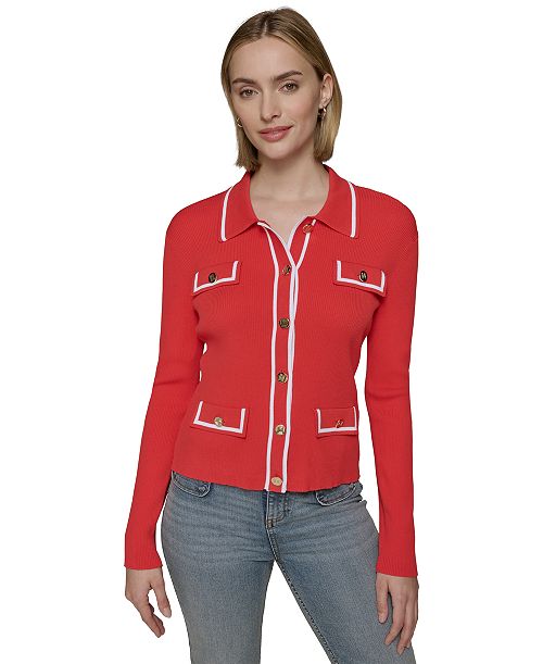 KARL LAGERFELD PARIS Women's Contrast-Trim Four-Pocket Cardigan Women's Fashion Shoes & Accessories