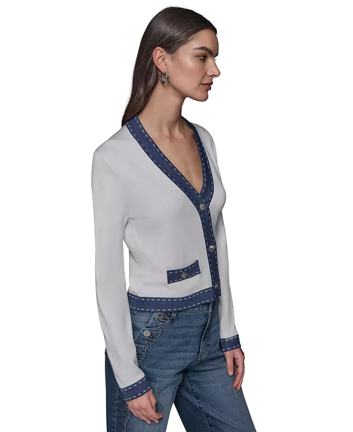 KARL LAGERFELD PARIS Women's Contrast-Trim V-Neck Cardigan Women's Fashion Shoes & Accessories