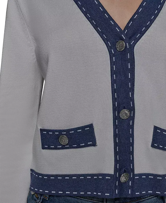 KARL LAGERFELD PARIS Women's Contrast-Trim V-Neck Cardigan Women's Fashion Shoes & Accessories