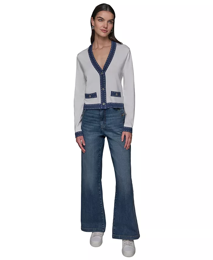 KARL LAGERFELD PARIS Women's Contrast-Trim V-Neck Cardigan Women's Fashion Shoes & Accessories