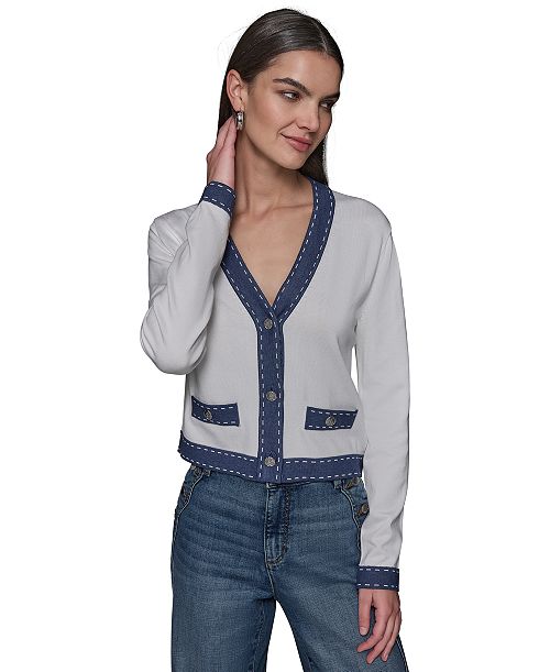 KARL LAGERFELD PARIS Women's Contrast-Trim V-Neck Cardigan Women's Fashion Shoes & Accessories