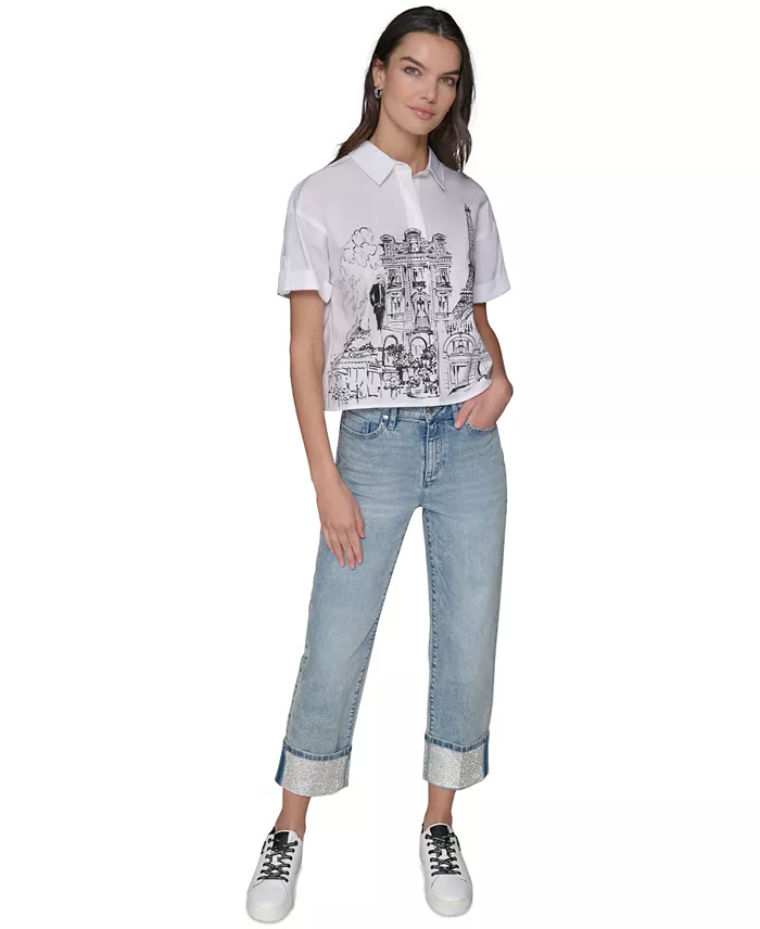 KARL LAGERFELD PARIS Women's Cotton Crop Paris Scene Button-Front Top Women's Fashion Shoes & Accessories