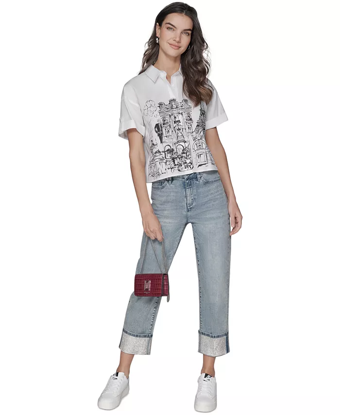 KARL LAGERFELD PARIS Women's Cotton Crop Paris Scene Button-Front Top Women's Fashion Shoes & Accessories