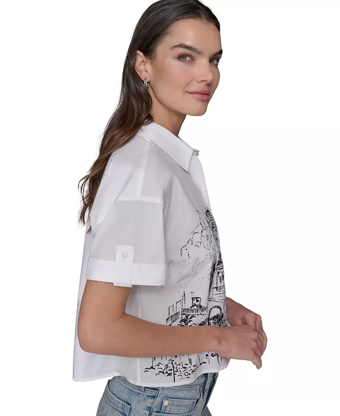KARL LAGERFELD PARIS Women's Cotton Crop Paris Scene Button-Front Top Women's Fashion Shoes & Accessories