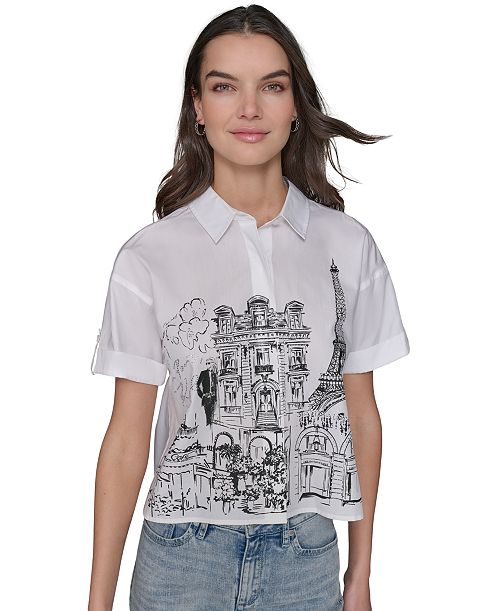 KARL LAGERFELD PARIS Women's Cotton Crop Paris Scene Button-Front Top Women's Fashion Shoes & Accessories