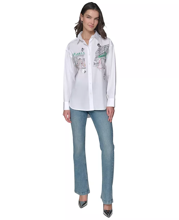 KARL LAGERFELD PARIS Women's Cotton Paris Scene Embellished Button-Front Top Women's Fashion Shoes & Accessories
