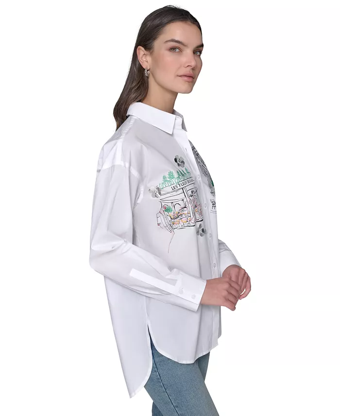 KARL LAGERFELD PARIS Women's Cotton Paris Scene Embellished Button-Front Top Women's Fashion Shoes & Accessories
