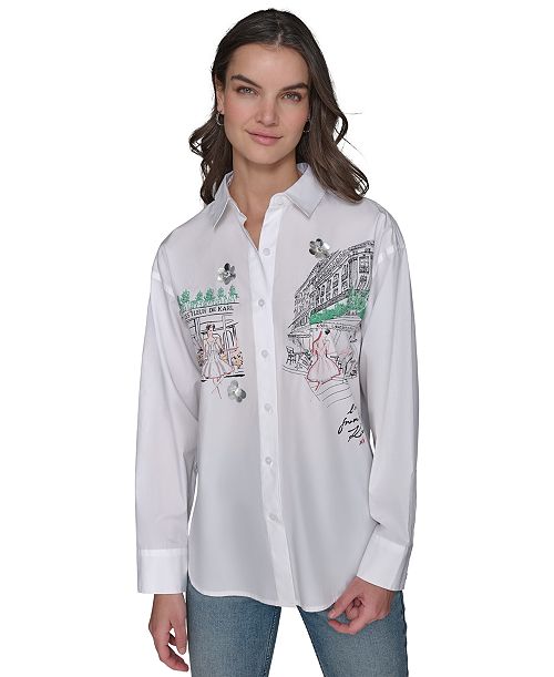 KARL LAGERFELD PARIS Women's Cotton Paris Scene Embellished Button-Front Top Women's Fashion Shoes & Accessories