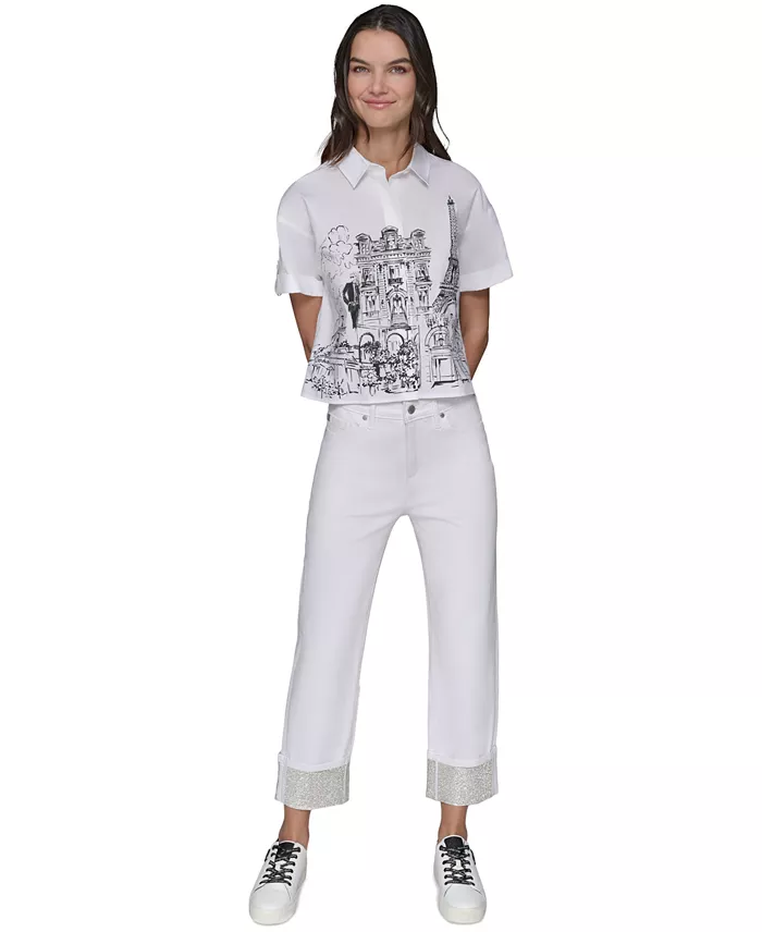 KARL LAGERFELD PARIS Women's Crystal-Cuff Jeans Women's Fashion Shoes & Accessories