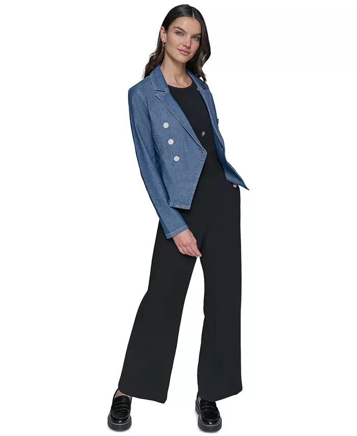 KARL LAGERFELD PARIS Women's Double-Breasted Denim Jacket Women's Fashion Shoes & Accessories