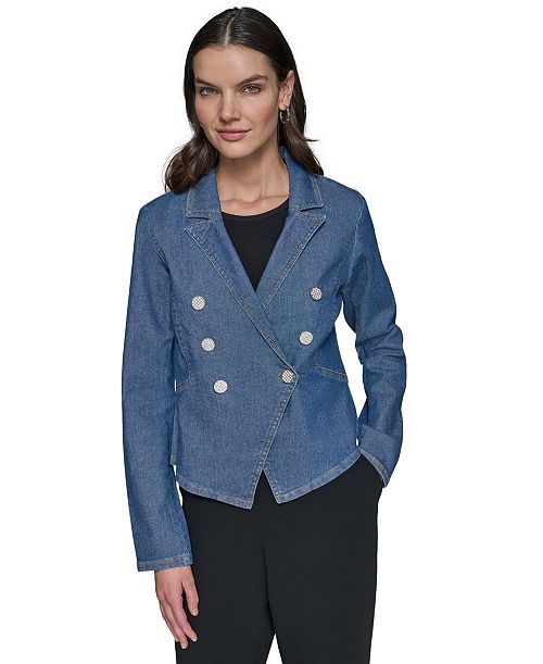 KARL LAGERFELD PARIS Women's Double-Breasted Denim Jacket Women's Fashion Shoes & Accessories