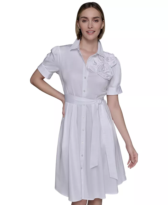 KARL LAGERFELD PARIS Women's Floral-Appliqué Cotton Shirtdress Women's Fashion Shoes & Accessories