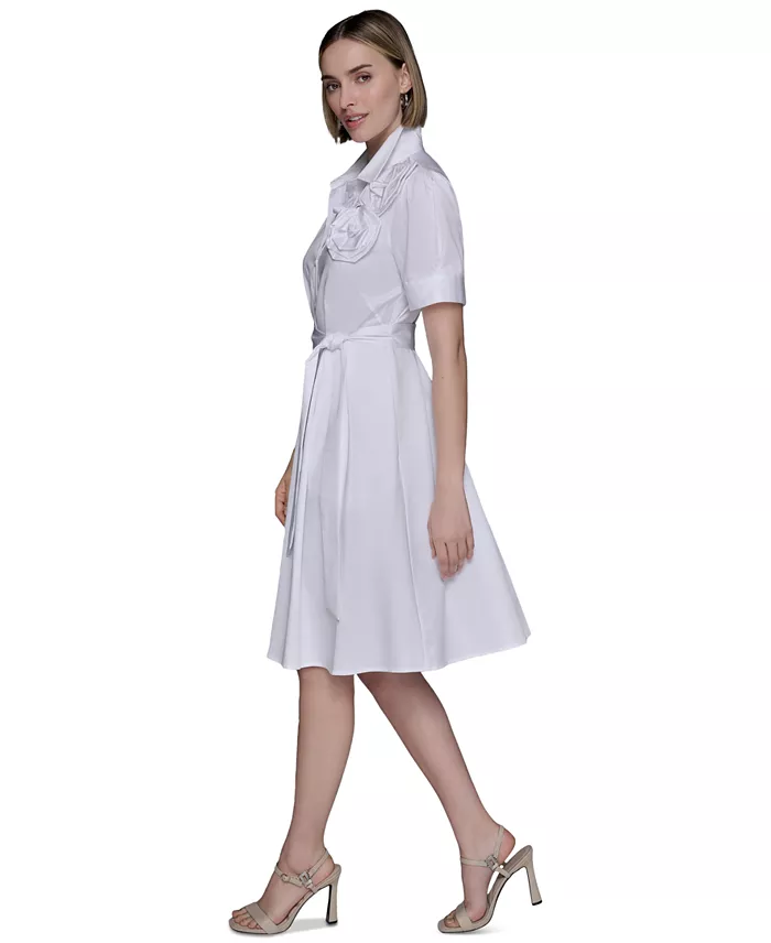 KARL LAGERFELD PARIS Women's Floral-Appliqué Cotton Shirtdress Women's Fashion Shoes & Accessories