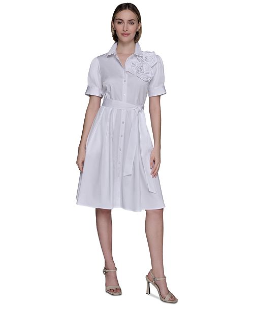 KARL LAGERFELD PARIS Women's Floral-Appliqué Cotton Shirtdress Women's Fashion Shoes & Accessories