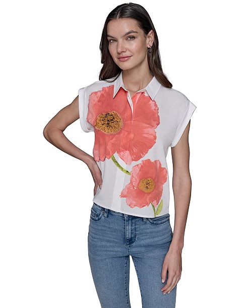 KARL LAGERFELD PARIS Women's Floral-Print Blouse Women's Fashion Shoes & Accessories